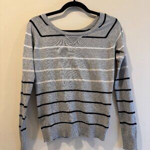 Grey Henley Sweater with Black and White Stripes